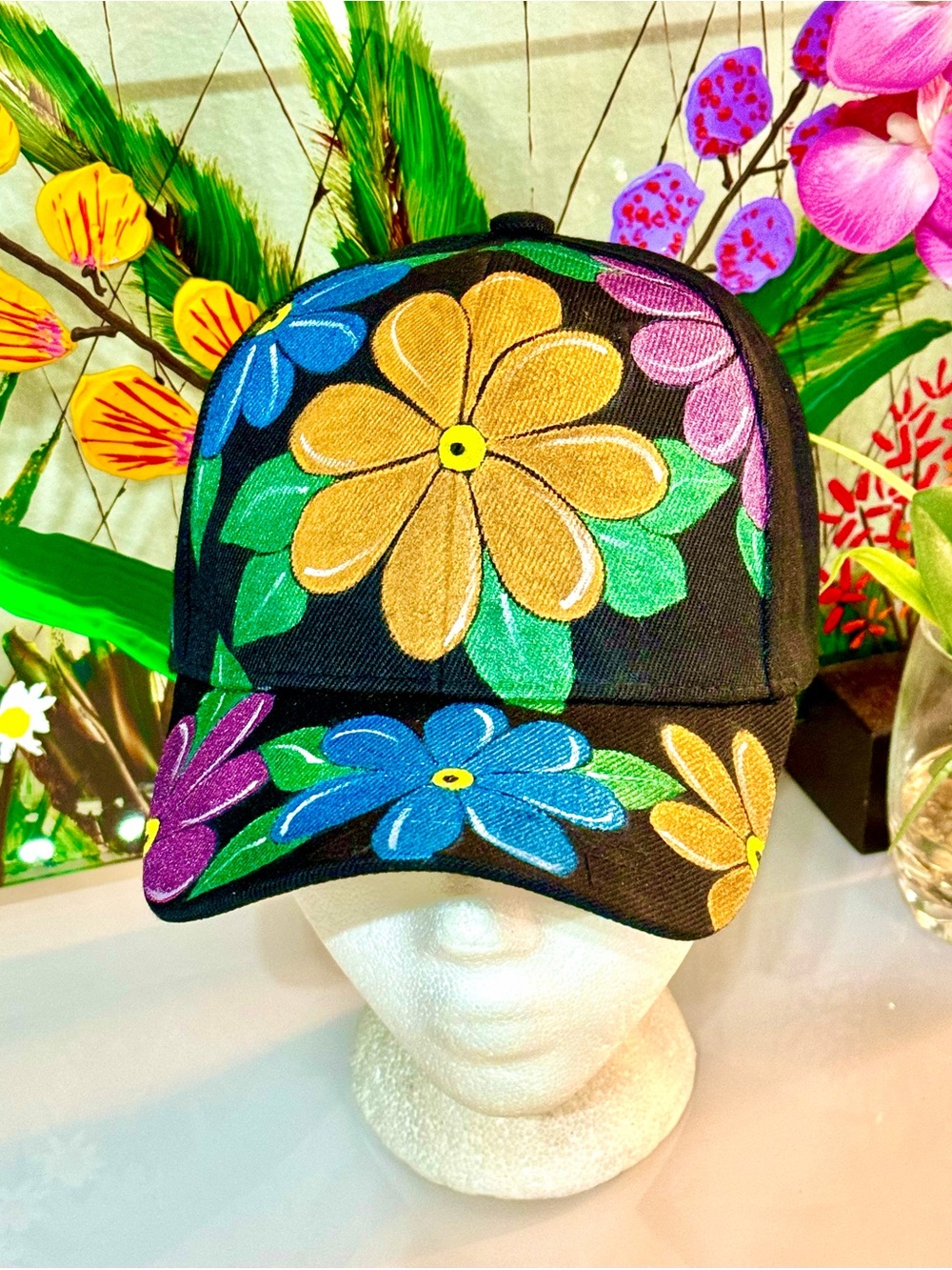 Black Floral Painted Baseball Cap - Multicolor Flower Print - Picture 11 of 13